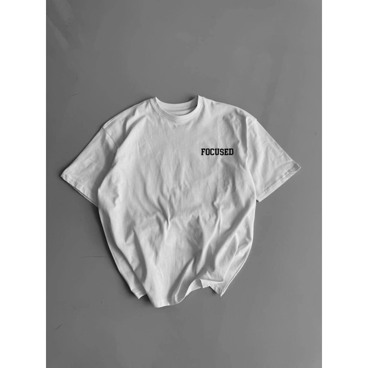20/1 Penye Compack Baskılı Oversize Bisiklet Yaka Kısa Kol Yazlık T-shirt - Beyaz