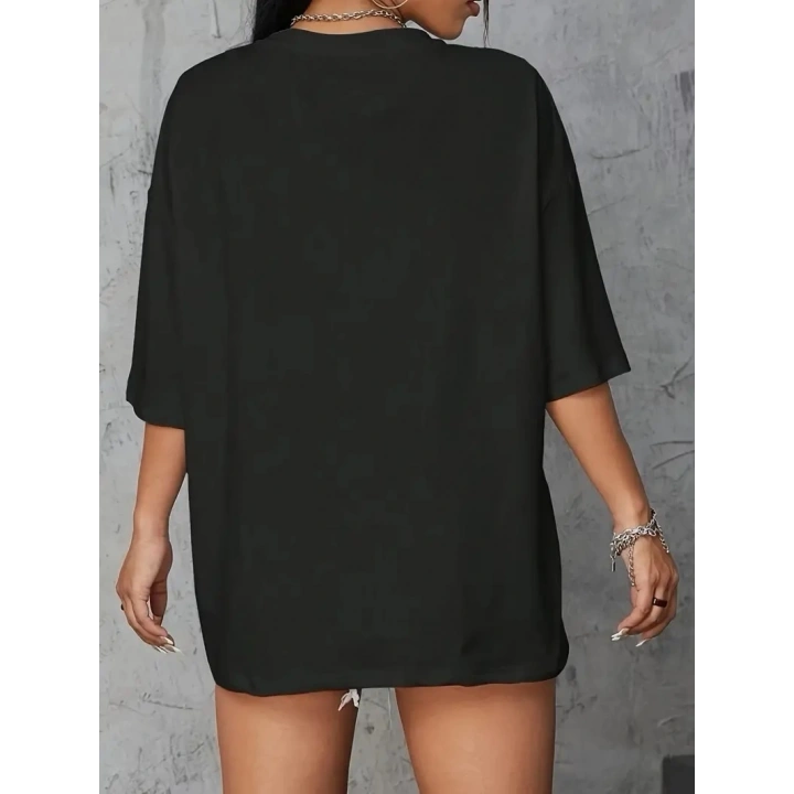 20/1 Penye Compack Baskılı Oversize Kahve Desenli Kadın Kısa Kol Yazlık T-shirt - Siyah