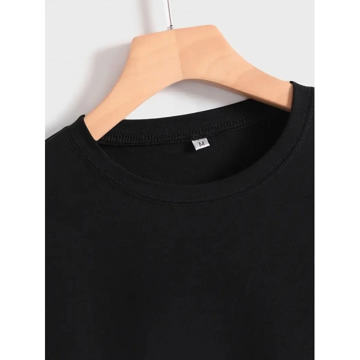 20/1 Penye Compack Baskılı Oversize Kısa Kol Bisiklet Yaka T-shirt - Siyah