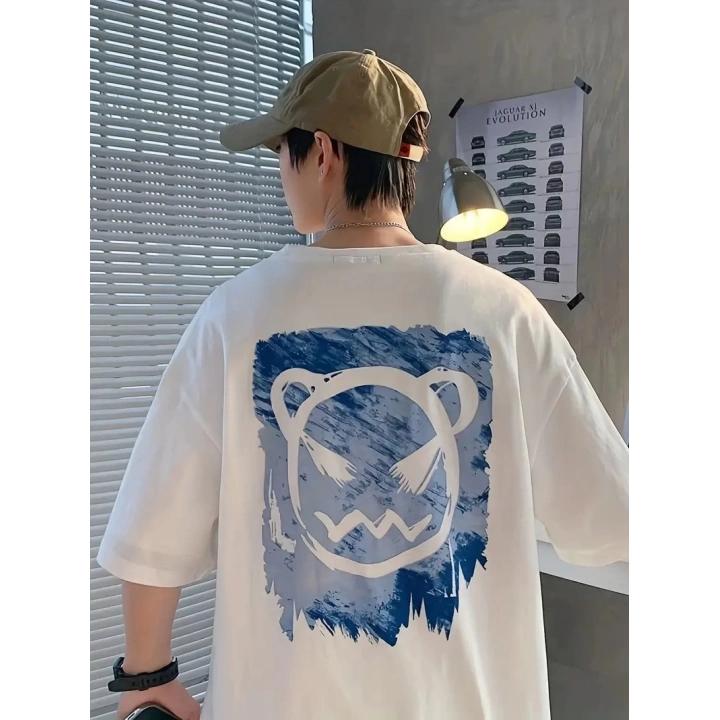 20/1 Penye Compack Bisiklet Yaka Kore tarzı sevimli ayı baskı Kısa Kol Erkek t-shirt - Beyaz