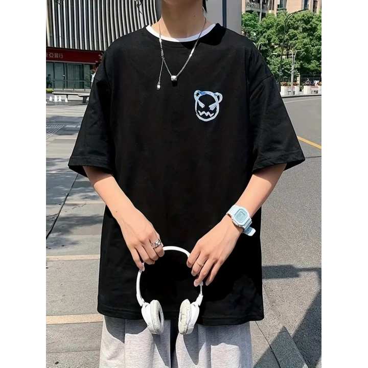 20/1 Penye Compack Bisiklet Yaka Kore tarzı sevimli ayı baskı Kısa Kol Erkek t-shirt - Siyah