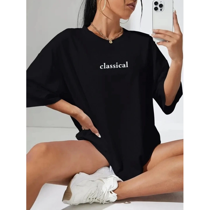 20/1 Penye Compack Classical Baskılı Siyah Oversize Tişort - Siyah