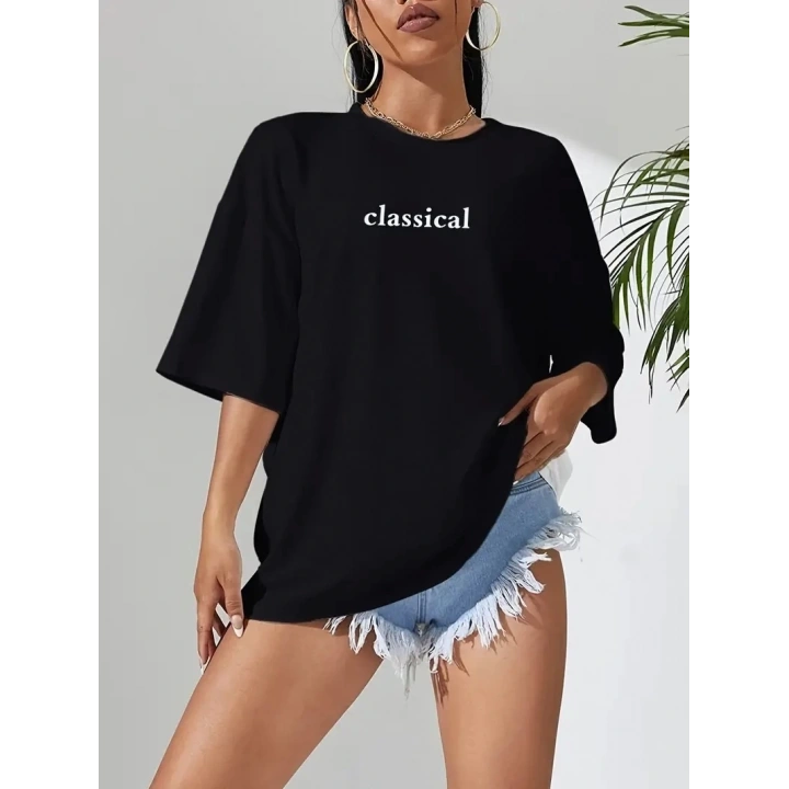 20/1 Penye Compack Classical Baskılı Siyah Oversize Tişort - Siyah
