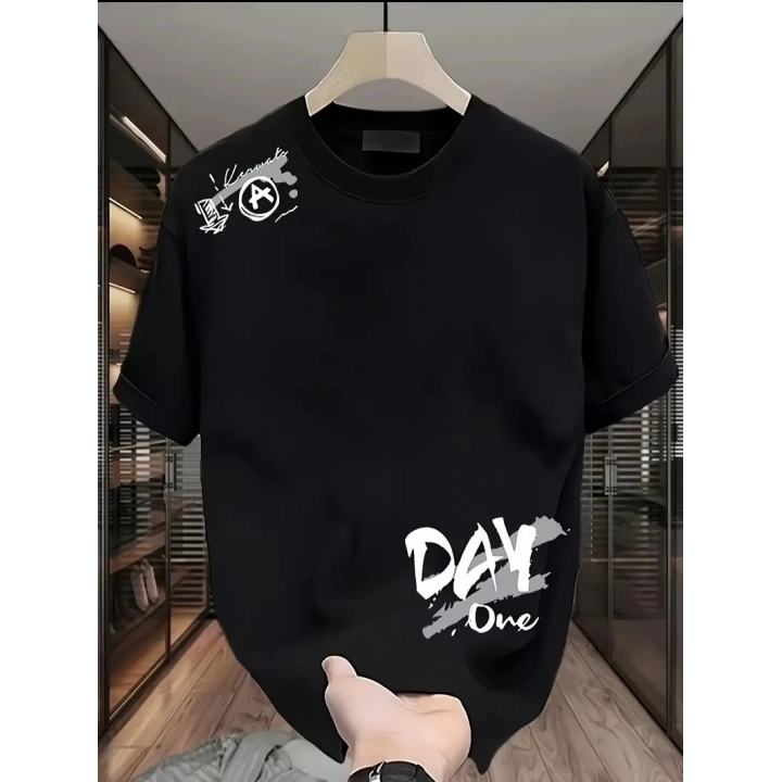 20/1 Penye Compack Day One Baskılı Oversize Bisiklet Yaka T-shirt - Siyah