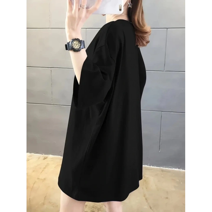 20/1 Penye Compack Ön Arka Baskılı Oversize Bisiklet Yaka T-shirt - Siyah