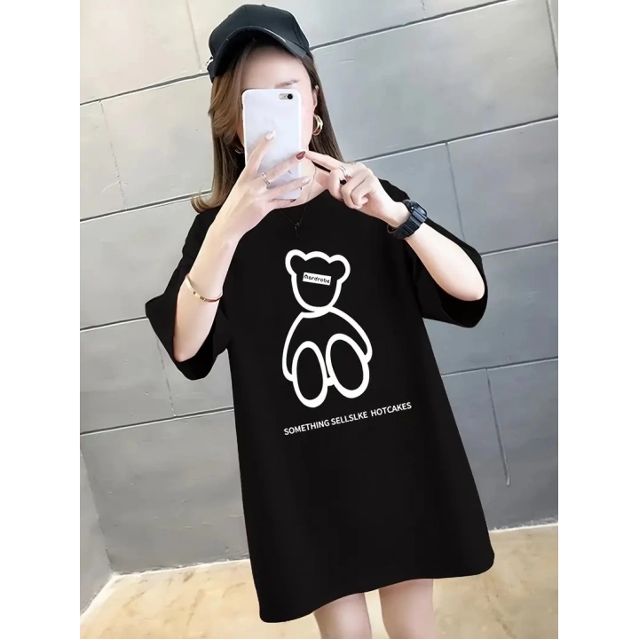 20/1 Penye Compack Ön Arka Baskılı Oversize Bisiklet Yaka T-shirt - Siyah