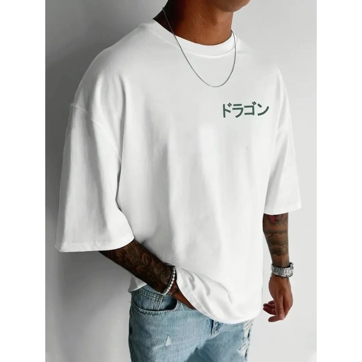 20/1 Penye Compack Ön Arka Ejder Baskılı Oversize Bisiklet Yaka T-shirt - Beyaz