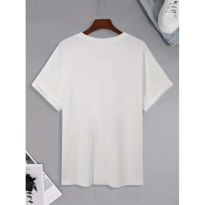 20/1 Penye Compack Palmiye Ön Baskılı Oversize Bisiklet Yaka Kısa Kol Yazlık T-shirt - Beyaz