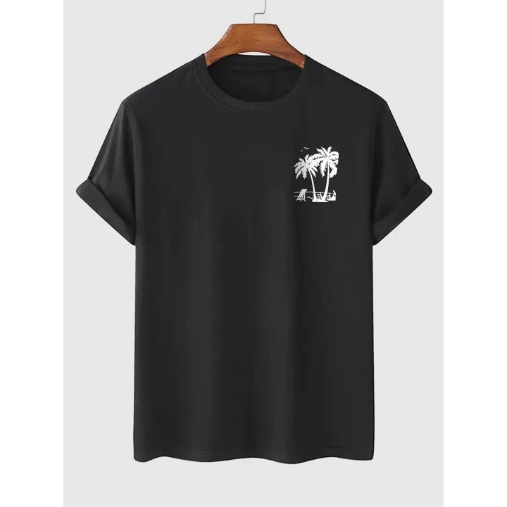 20/1 Penye Compack Palmiye Ön Baskılı Oversize Bisiklet Yaka Kısa Kol Yazlık T-shirt - Siyah