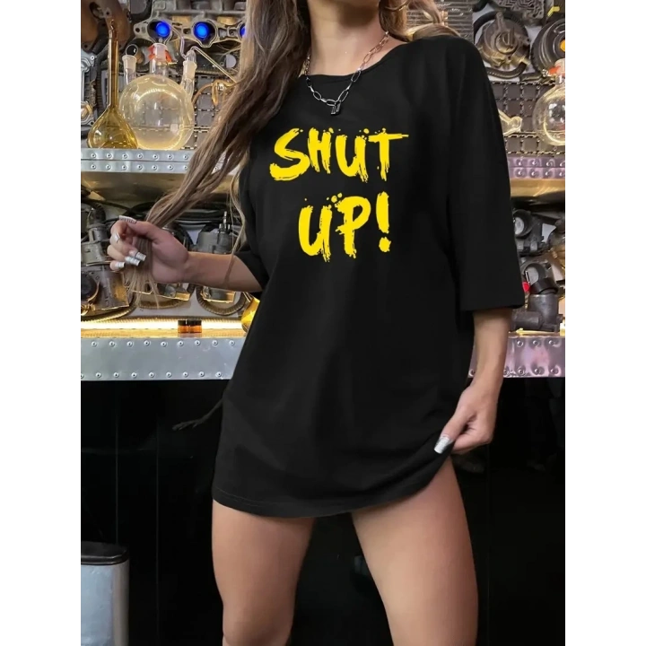 20/1 Penye Compack Shut up Baskılı Oversize Bisiklet Yaka Kısa Kol T-shirt - Siyah