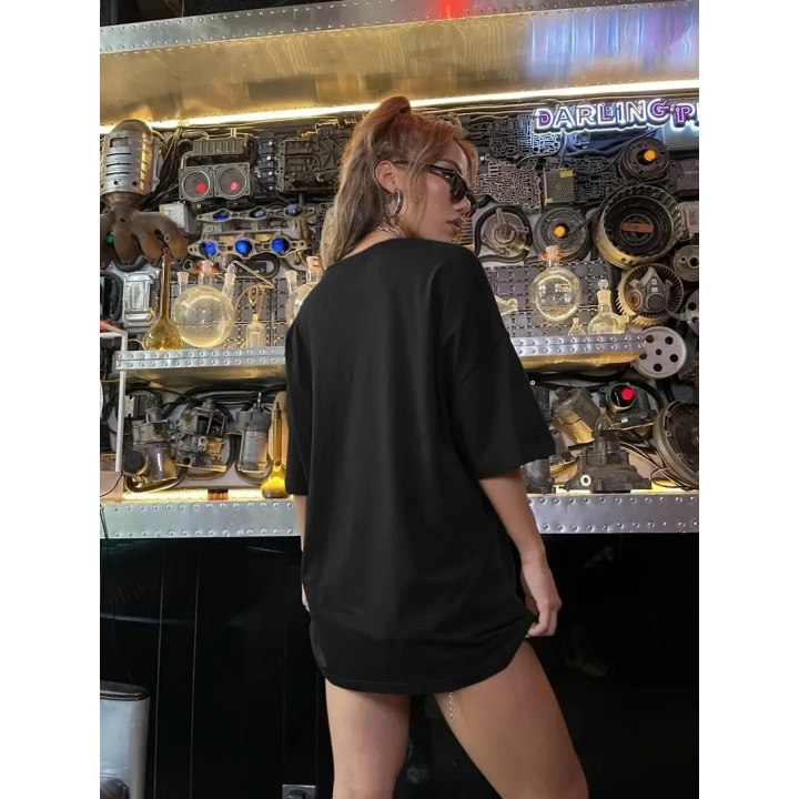 20/1 Penye Compack Shut up Baskılı Oversize Bisiklet Yaka Kısa Kol T-shirt - Siyah