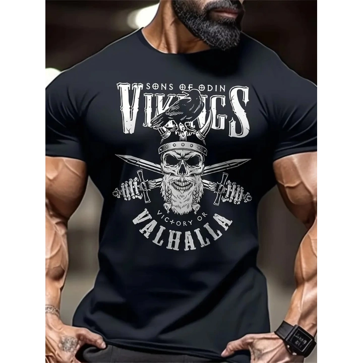 20/1 Penye Compack Vikings Valhalla Baskılı Oversize Bisiklet Yaka T-shirt - Siyah