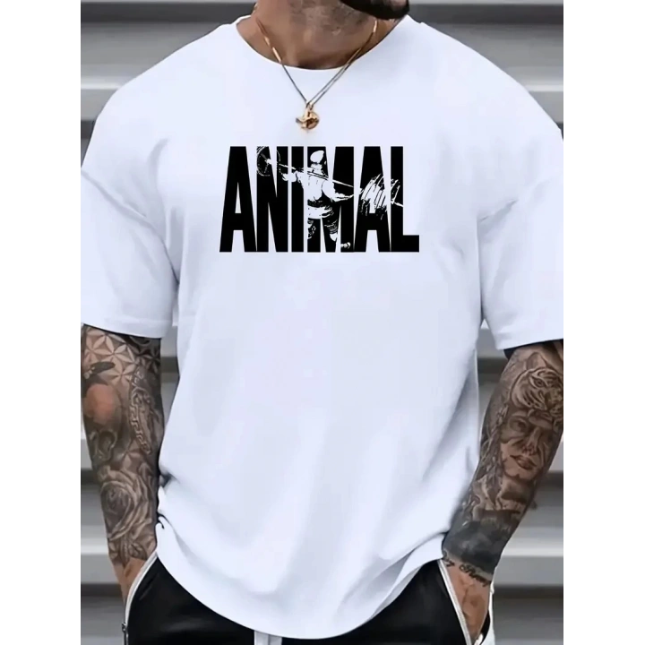 ANIMAL Desen Baskı Erkek Oversive Tişört, Grafik Tişört Erkek Yazlık Outdoor Kıyafetleri, Sporda ve Günlük Giyime Uygun - Beyaz