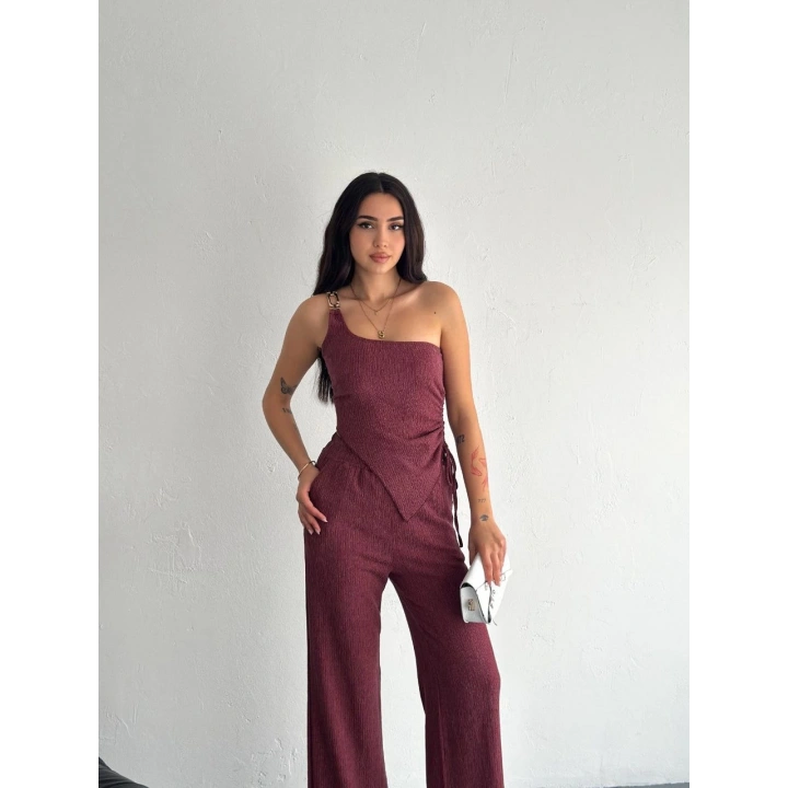 Asimetrik Crop Pantalon ikili Takım - Gül Kurusu