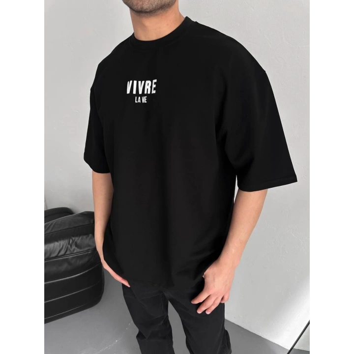 Baskılı Oversize Bisiklet Yaka T-shirt - Siyah