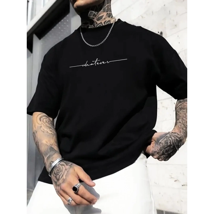 Büyük Beden Erkek Whatever Baskılı Tişört, Oversize Erkekler İçin Yaz Modası Kısa Kollu Tişörtler - Siyah
