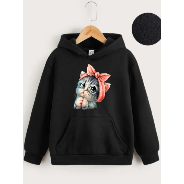 Çocuk Unisex Kapüşonlu Tatlı Kedi Baskılı Sweatshirt - Siyah