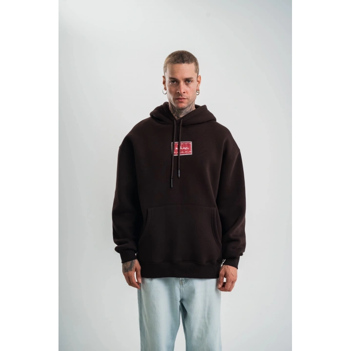 Double Oversize Kapşonlu Dijital Patchli SweatShirt - Kahve