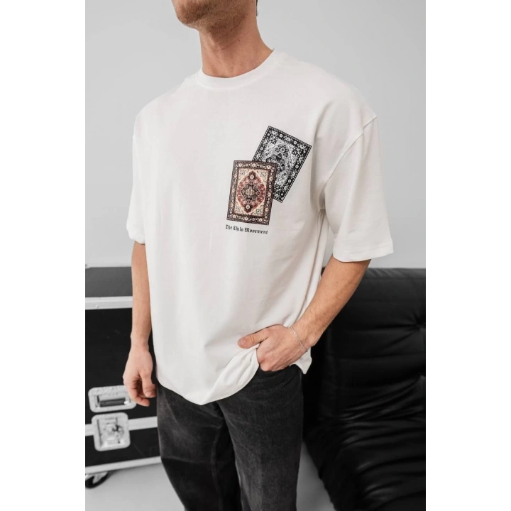 Erkek Baskılı Oversize T-shirt - Beyaz