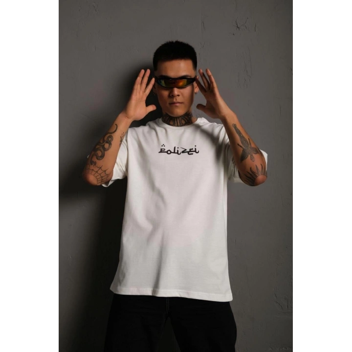 Erkek Bisiklet Yakalı Sırt Baskılı Oversize T-Shirt - Beyaz