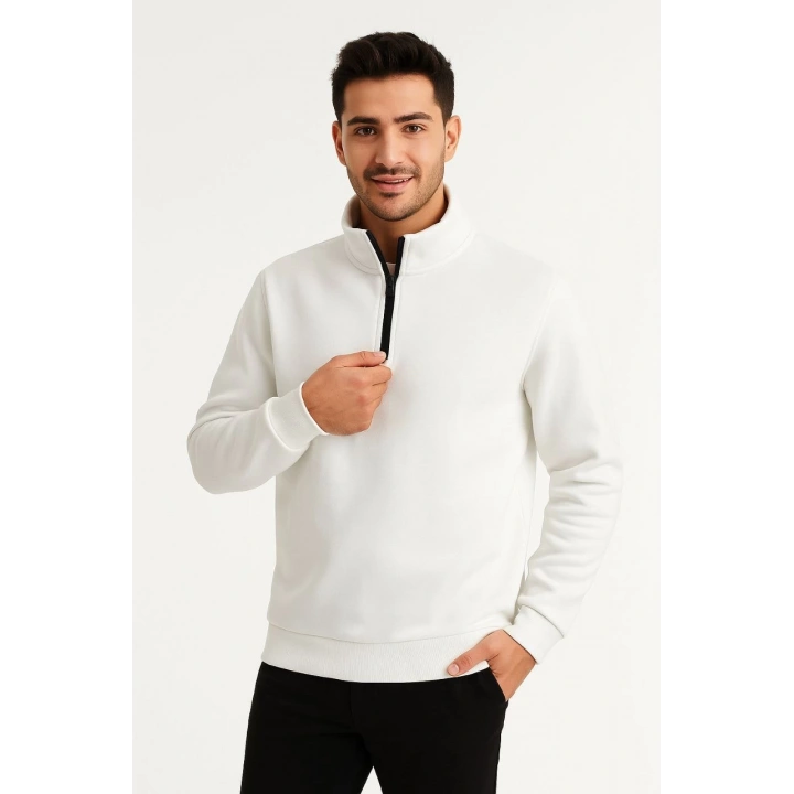 Erkek Dik Yaka Sweatshirt Dik Yaka Yarım Fermuarlı 3 İplik Şardonlu Pamuk Kumaş - Beyaz