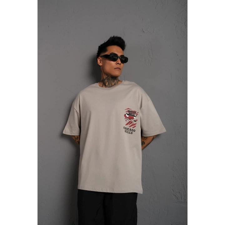 Erkek Sırt Baskılı A Kalite Oversize T-shirt - Gri