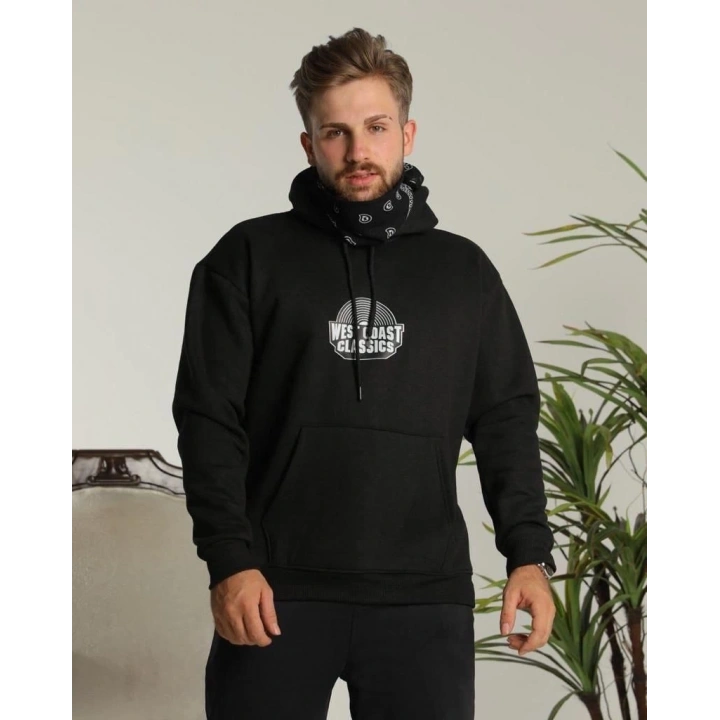 Erkek Sırt Baskılı Kapüşonlu Üç İplik Oversize Sweatshirt - Siyah