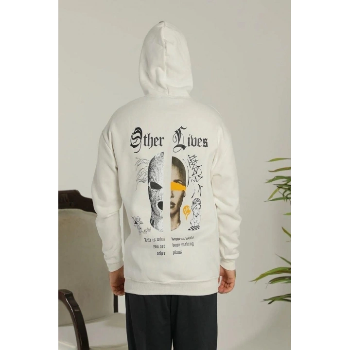 Erkek Sırt Baskılı Oversize Üç İplik Kapüşonlu Sweatshirt - Beyaz