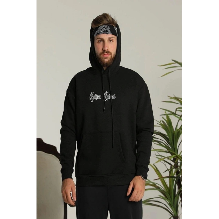 Erkek Sırt Baskılı Oversize Üç İplik Kapüşonlu Sweatshirt - Siyah