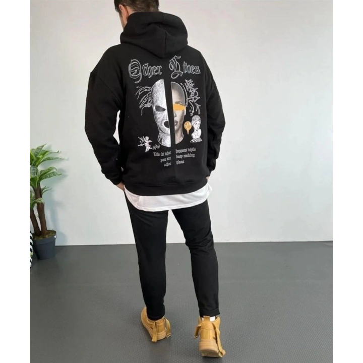 Erkek Sırt Baskılı Oversize Üç İplik Kapüşonlu Sweatshirt - Siyah