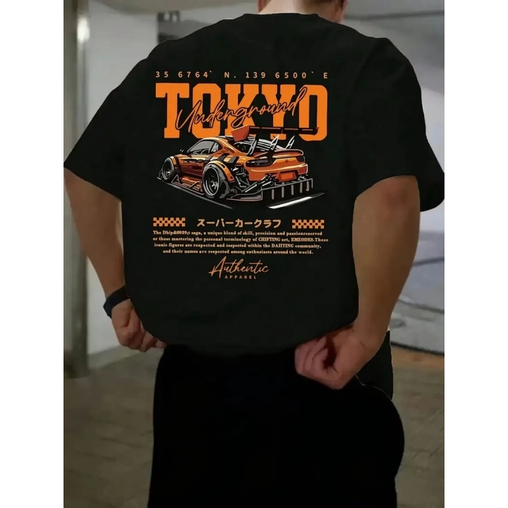 Erkek Turuncu Spor Araba Grafik Tişört - TOKYO Baskılı Günlük Oversize Kısa Kollu Tişört, Yetişkinler için Yazlık Giyim, Turuncu Araba Tasarımı- Siyah