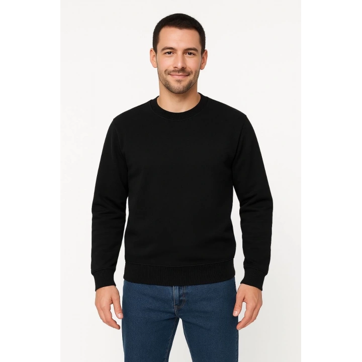 Erkek Üç İplik Düz Bisiklet Yaka SweatShirt - Siyah