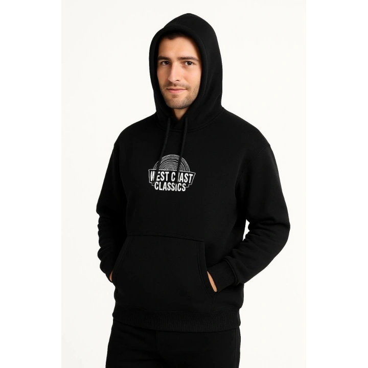Erkek Üç İplik Kapüşonlu Ön ve Arka Baskılı SweatShirt hoodie - Siyah