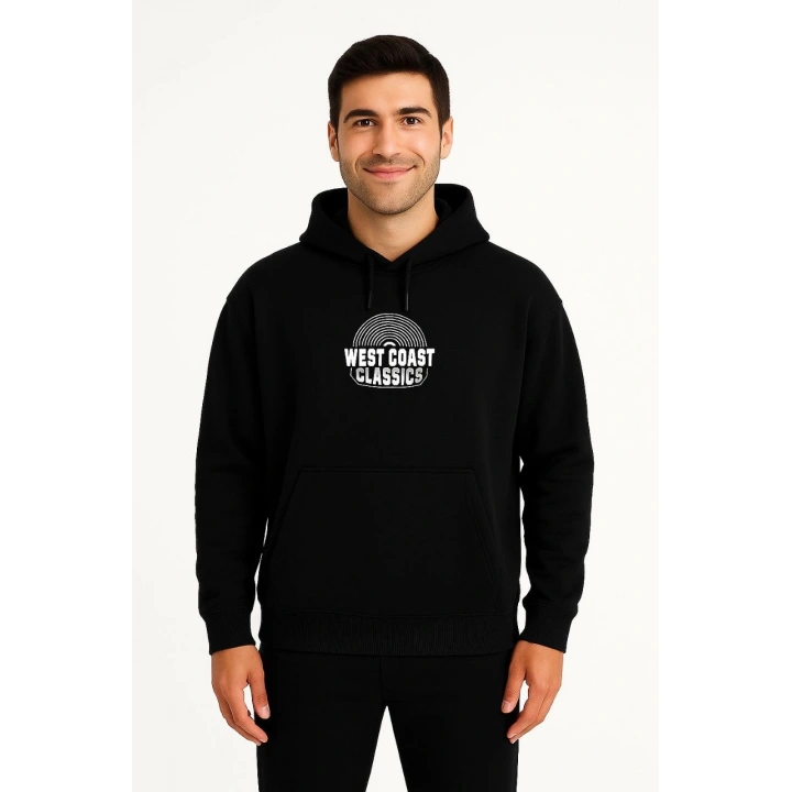 Erkek Üç İplik Kapüşonlu Ön ve Arka Baskılı SweatShirt hoodie - Siyah