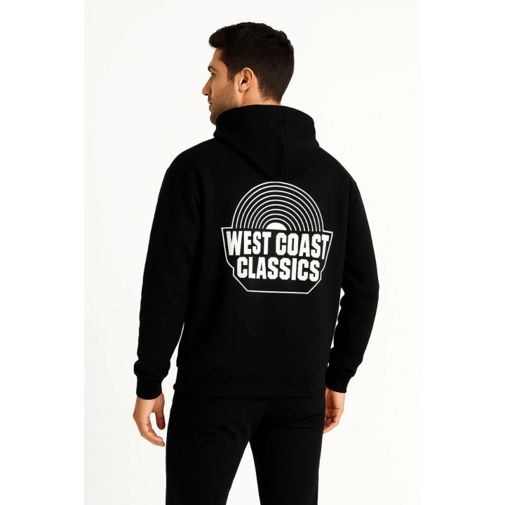 Erkek Üç İplik Kapüşonlu Ön ve Arka Baskılı SweatShirt hoodie - Siyah