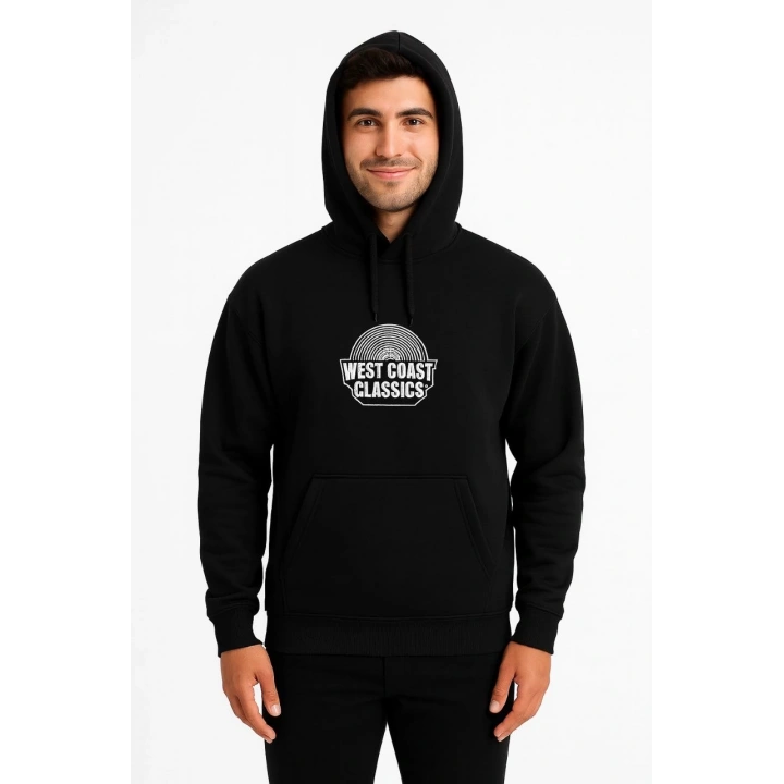 Erkek Üç İplik Kapüşonlu Ön ve Arka Baskılı SweatShirt hoodie - Siyah