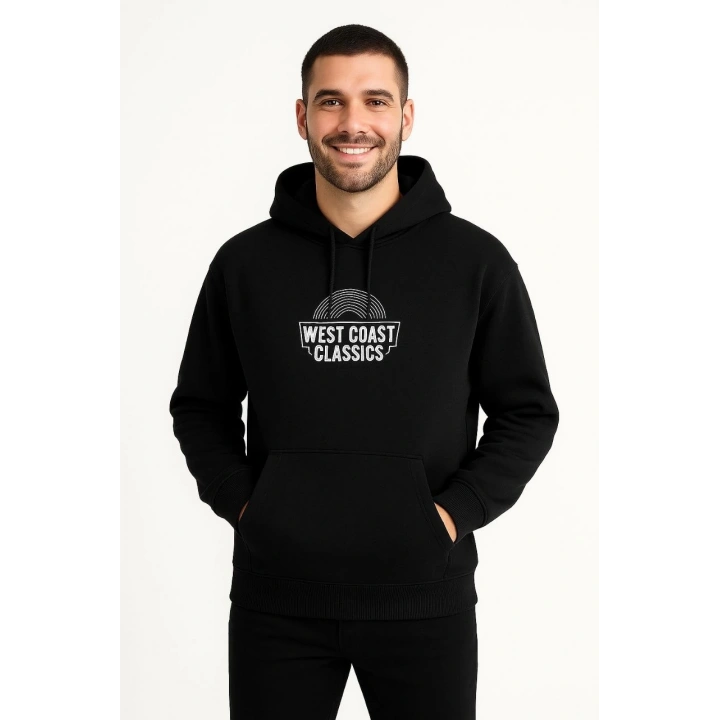 Erkek Üç İplik Kapüşonlu Ön ve Arka Baskılı SweatShirt hoodie - Siyah