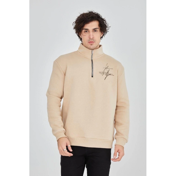 Erkek Yarım Fermuarlı Baskılı Sweat - Bej