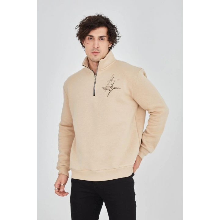 Erkek Yarım Fermuarlı Baskılı Sweat - Bej