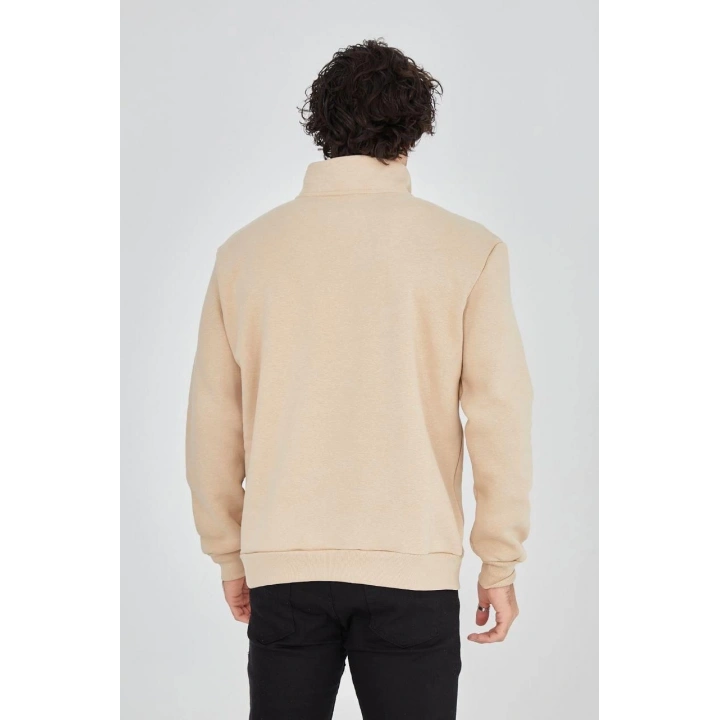Erkek Yarım Fermuarlı Baskılı Sweat - Bej