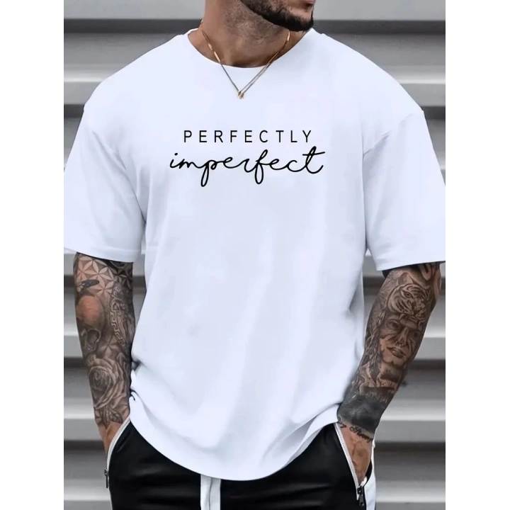 erkekler için Ön Arka Baskılı PERFECTLY günlük Kısa Kol tişört - Beyaz