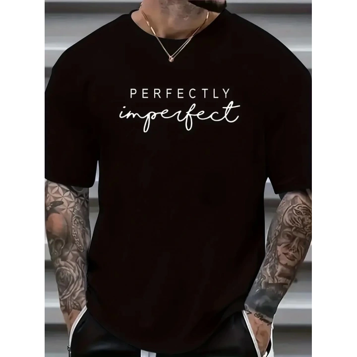 erkekler için Ön Arka Baskılı PERFECTLY günlük Kısa Kol tişört - Siyah