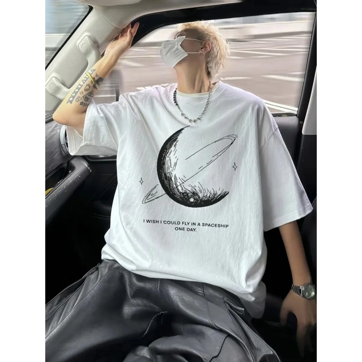 Erkekler için Siyah Tişört Grafik Genç Emo Vintage Gotik Rahat Büyük Beden Kısa Kollu Tişört Giysi Üst - Beyaz