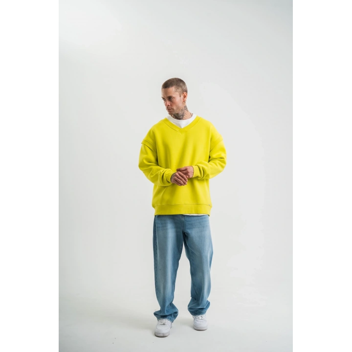 Geniş V yaka Kol Ribana Detaylı SweatShirt - Sarı