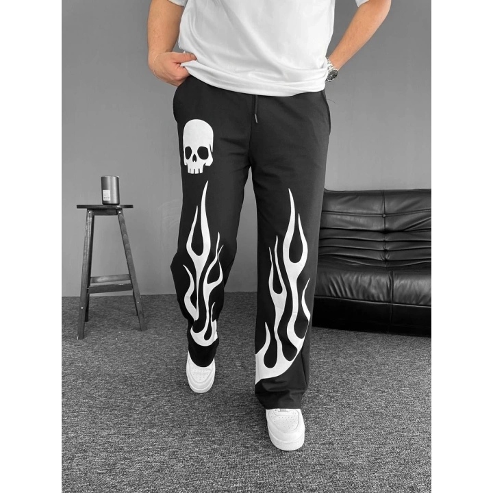 İki İplik Kumaş Baskılı Beli Lastikli Boru Paça Baggy Alt Esofman - Siyah