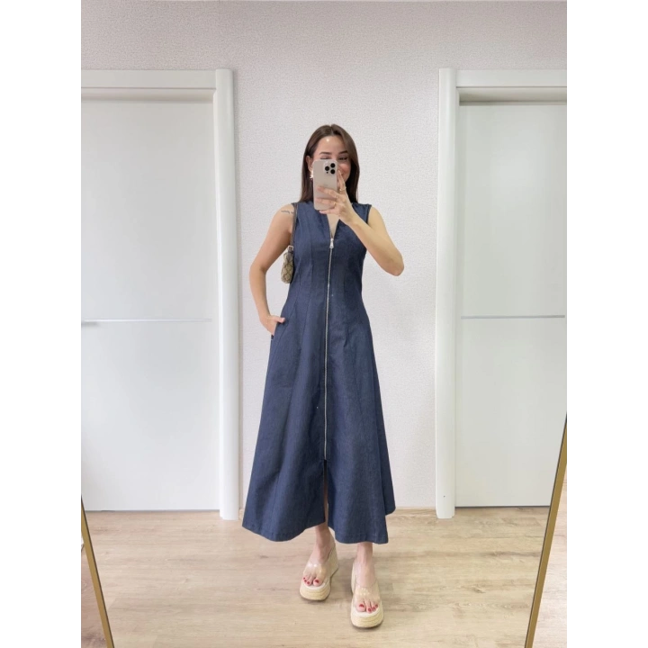 Jeans Kot Önü Tam Fermuarlı Kadın Uzun Elbise - Mavi