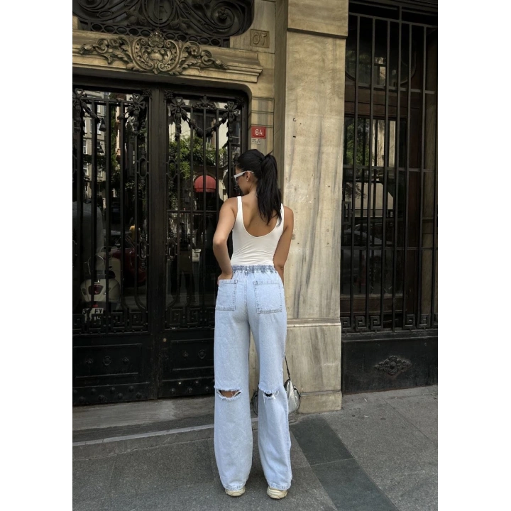 Kadın Arkadan Yırtmaçlı Jeans Kot Palazzo Pantolon - Mavi