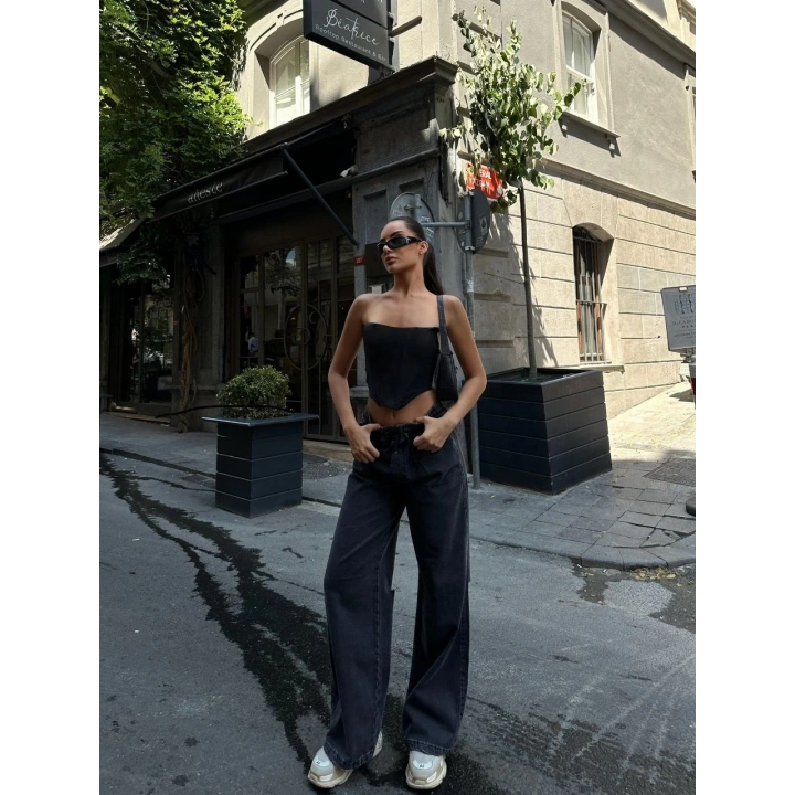 Kadın Arkadan Yırtmaçlı Jeans Kot Palazzo Pantolon - Siyah