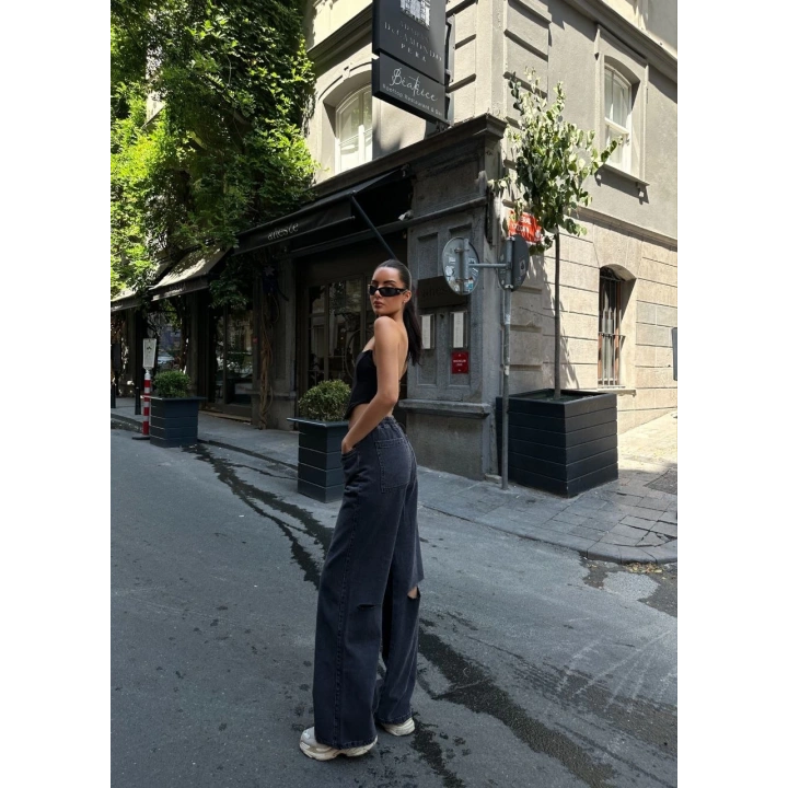 Kadın Arkadan Yırtmaçlı Jeans Kot Palazzo Pantolon - Siyah