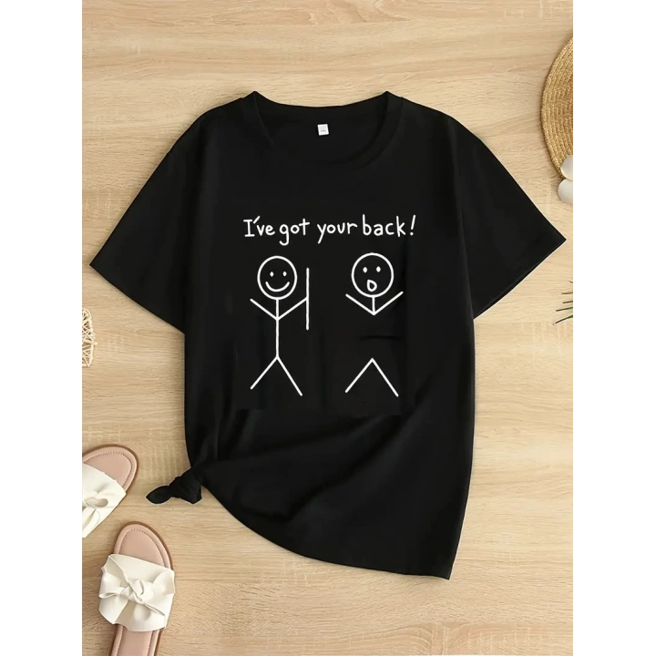 Kadın Beyaz Ive Got Your Back Grafik Tişört - Eğlenceli Çubuk Tasarımlı Oversize Günlük Kısa Kollu Tişört, Polyester Örgü, Yuvarlak Yaka, İlkbahar ve Yaz için Mükemmel, Günlük Giyim Tişört | Eğlenceli Tasarım | Polyester Kumaş- Siyah